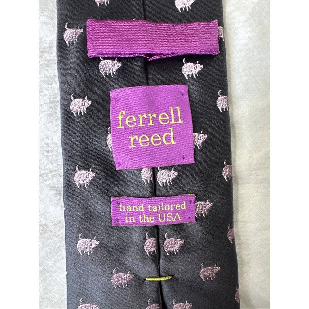 Ferrell Reed Pigs 100% Silk Necktie Gray With Pink Pigs Hand Tailored 59"L